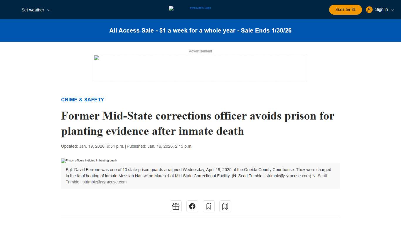 Former Mid-State corrections officer avoids prison for planting evidence after inmate death - syracuse.com